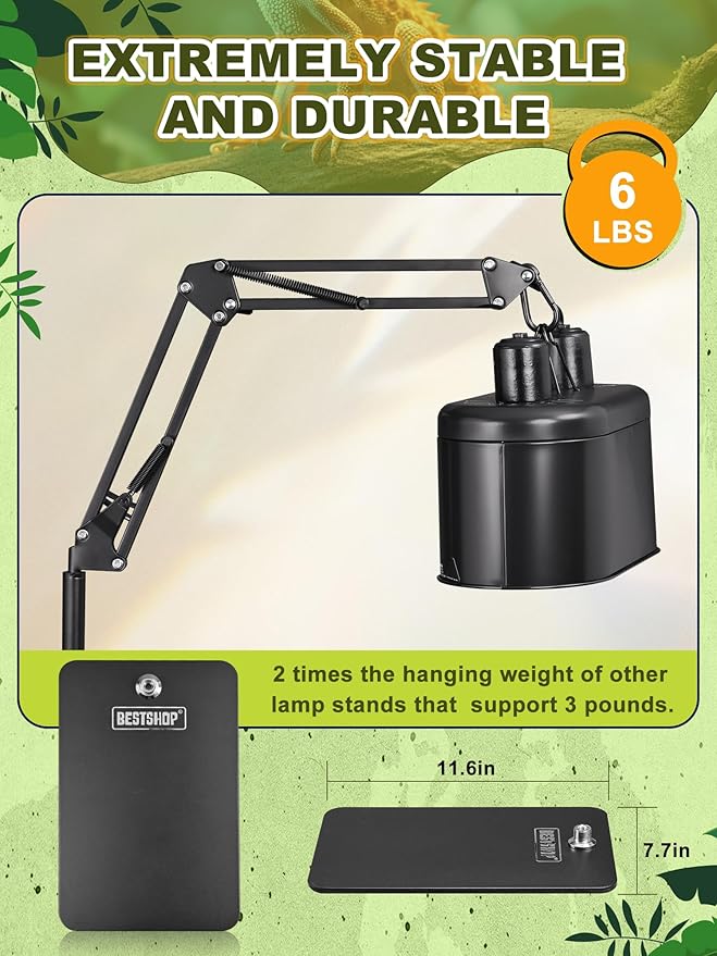 Reptile Lamp Stand, Heat Lamp Stand (15.7 to 74.3 inch) with Adjustable 360° Swing Arm for Terrarium, Reptile Heat Lamp Stand for Bearded Dragons, Turtles, and Chameleons (Black) BESTSHOP