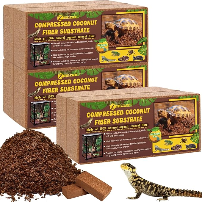 ZeeDix 6Pcs Compressed Coconut Fiber Substrate for Reptiles, 100% Organic Coco Coir Fiber Brick Substrate Fluffy Bearded Dragon Tortoise Snake Terrarium Substrate Loose Natural Husk Terrarium Bedding ZeeDix