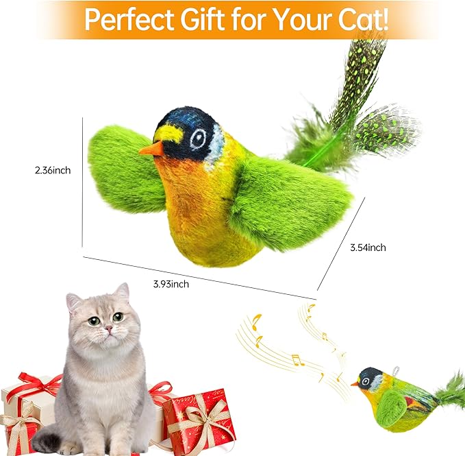 Chirping Bird Cat Toys Hanging Cat Feather Toy - Catnip Interactive Cat Toys for Indoor Cats - Automatic Cat Toy for Cat Exercise & Kicker to Self Play (Green) - PAWPICO
