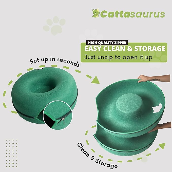 CATTASAURUS Peekaboo Cat Cave for Multiple & Large Cats Up to 30-45 Lbs, Scratch Detachable & Washable Tunnel Bed, Comfy Donut Cat Cave (Forest Green, Large) - PAWPICO