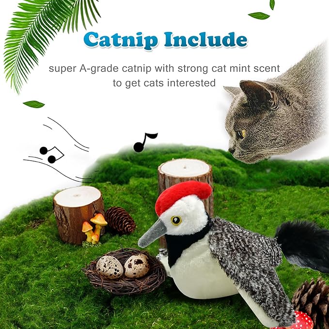LEWISER Woodpecker Cat Toys, Rechargeable Simulation Bird Cat Toy, Flapping Wings and Lively Chirping, Interactive Catnip Toys for Kitten Kitty Exercise, Touch Activated - PAWPICO