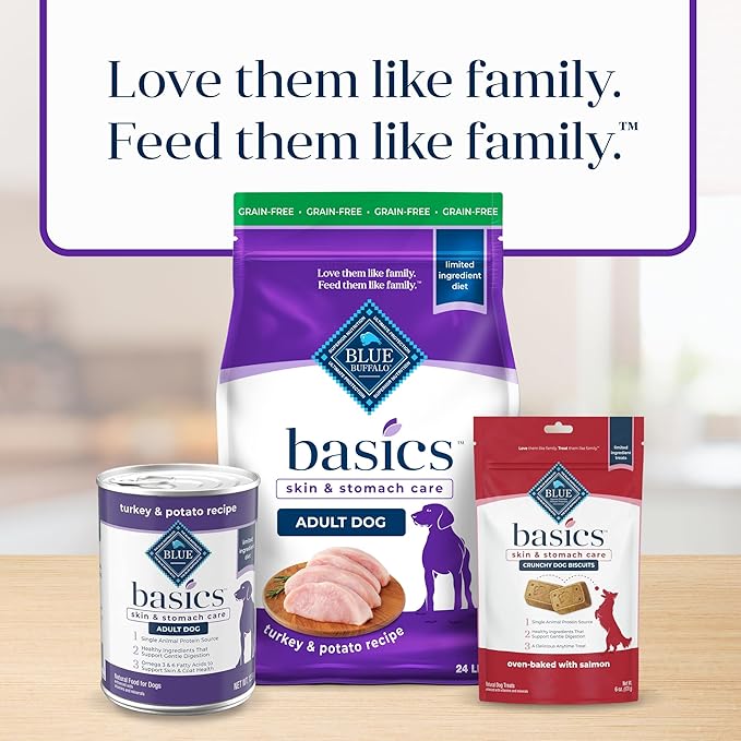 Blue Buffalo Basics Grain-Free Adult Dry Dog Food, Skin & Stomach Care, Limited Ingredient Diet for Dogs, Turkey Recipe, 24-lb. Bag - PAWPICO