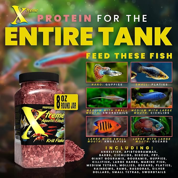 Xtreme Krill Flakes - Premium Max Protein Freshwater Fish Food with 100% Krill and Shrimp, & Vitamins for Optimal Immune and Digestive Health, Boosts Color & Energy – USA Farm Grown (8oz) XtremeAquaticFoods