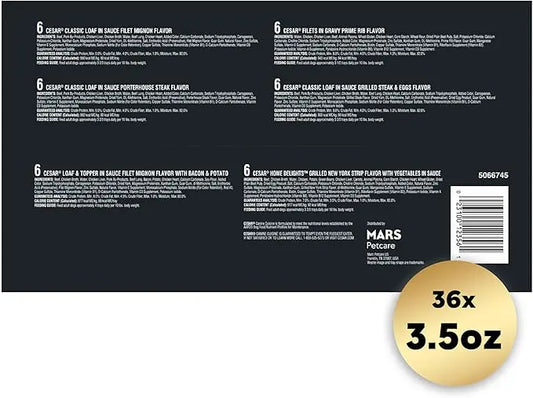 CESAR Adult Soft Wet Dog Food Steak Lovers Variety Pack with Real Meat, (36) 3.5 oz. Trays - PAWPICO