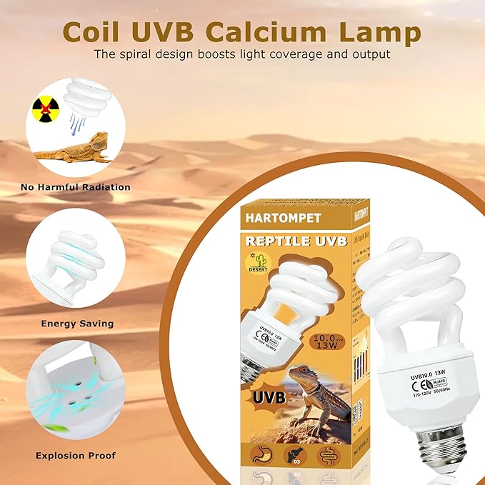 10.0 UVB Reptile Light 13W, Compact Fluorescent Desert Terrarium Lamp, High-Output Coil UVB Bulbs for Terrarium Tanks, Suitable for Bearded Dragons, Geckos and Other Desert-Dwelling Reptile HARTOMPET