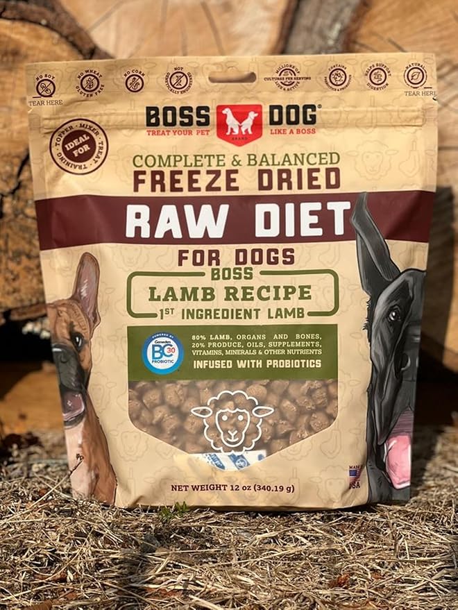 Complete & Balanced Freeze Dried Raw Diet for Dogs, Lamb Recipe, 12 oz Bag BossDogBrand