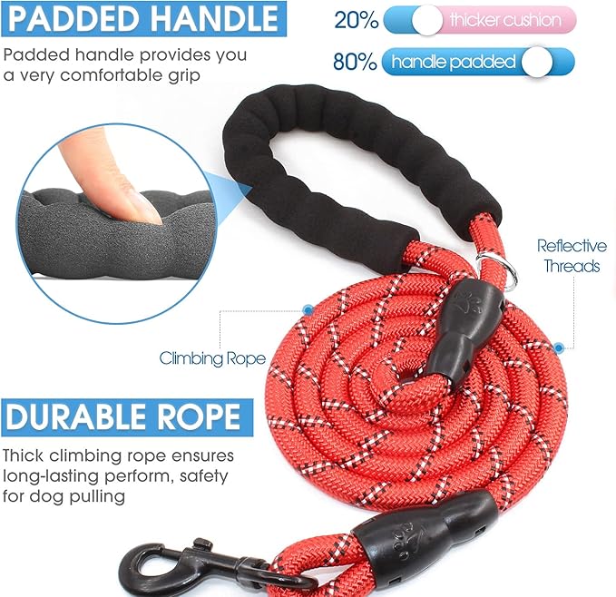 BAAPET 2/4/5/6 FT Dog Leash with Comfortable Padded Handle and Highly Reflective Threads for Small Medium and Large Dogs (6FT-1/2'', Red) BAAPET