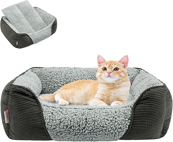 Miguel Washable Cat Beds for Indoor Cats with Removable Cushion, Easy to Wash Small Pet Sofa Bed with Side, Rectangle Bolster Kitten Bed Calming Cuddle Puppy Bed with Anti-Slip Bottom, Gray 20 Inch - PAWPICO