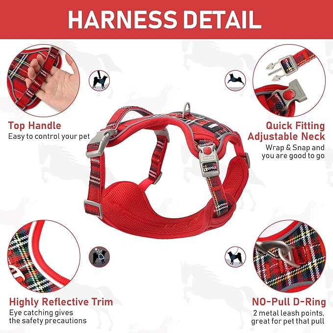 GAMUDA Dog Harness Collar and Leash Set, Dog Harness, No Chock No Pull Adjustable Vest Harnesses Plaid Reflective for Medium Dog, Cat, Small Horse, Small Bull and Pig (Red, XL) GAMUDACollarsCollection
