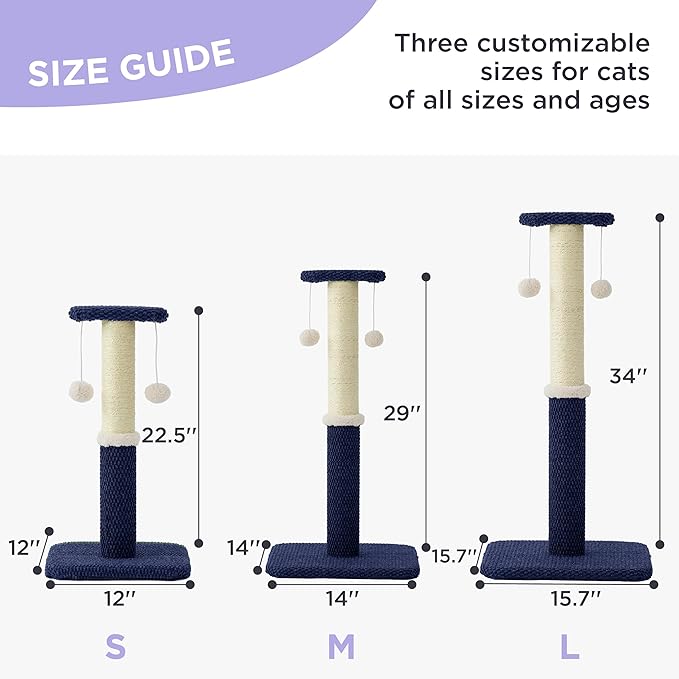 Lesure 29" Tall Cat Scratching Post - Premium Sisal Rope Highly Resistant Carpet Scratching Posts for Indoor Cats Adults, Sturdy Large Cat Scratch Pole with Hanging Ball, Blue - PAWPICO