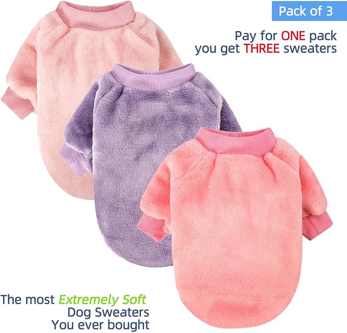 FabriCastle Small Dog Sweaters, 3 Count, Dog Clothes, Dog Coat, Dog Jacket for Small or Medium Dogs Boy or Girl, Ultra Soft and Warm Cat Pet Sweaters Apparel (XX-Small, Pink,Purple,Light Pink) - PAWPICO
