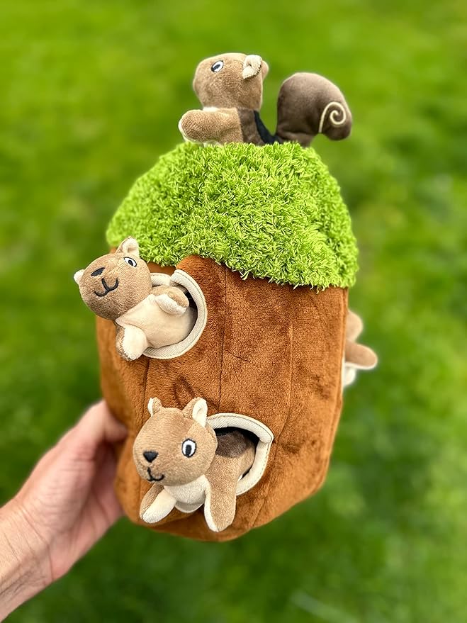 Squirrel in Tree Hide and Seek Dog Toy for Small and Medium Size Dogs, Plush Squirrel Inside Trunk Dog Toy with Squeaker, Interactive Burrow Dog Toy (Tree with Squirrels, Medium) - PAWPICO