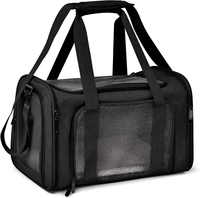 Henkelion Large Soft Sided Cat and Pet Carrier for Cats and Puppies up to 25Lbs - Collapsible, Waterproof Travel Carrier - Black - PAWPICO