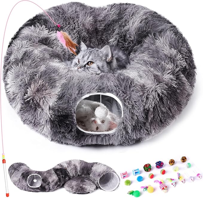 Odoland Cat Tunnels for Indoor Cats with Fluffy Plush Central Cat Couch and 20 Cat Toys, Tunnel Bed for Cats with Hanging Ball, Detachable Soft Mat and Variety Kitty Toy Set, Grey - PAWPICO