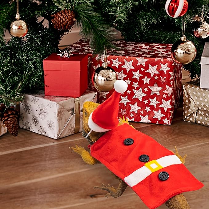 Christmas Bearded Dragon Costume, Cute Red Santa Claus Cosplay Lizard Clothes and Hat Set Outfit, Holiday Pet Costume Accessories for Reptile Small Animals tukoaw