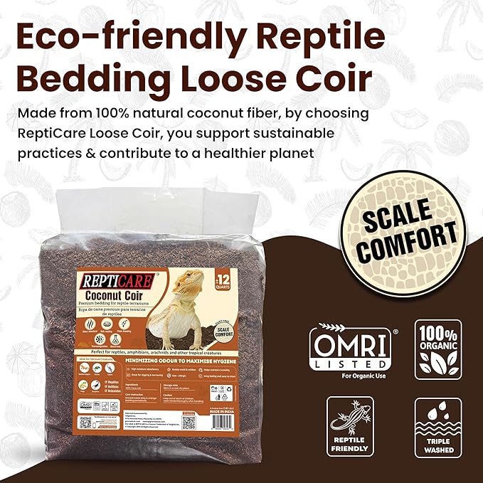 ReptiCare Coconut Fiber Substrate for Reptiles 12 Q, Organic Ready to Use - Odor Absorbent Coco Coir Terrarium Bedding for Ball Pythons, Boas, Snakes, Tortoises, Geckos, Frogs and Tarantulas Gro-Med