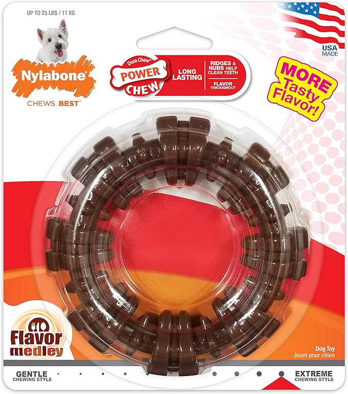 Nylabone Power Chew Textured Dog Chew Ring Toy - Tough and Durable Dog Chew Toy for Aggressive Chewers - Flavor Medley, Small/Regular (1 Count) - PAWPICO