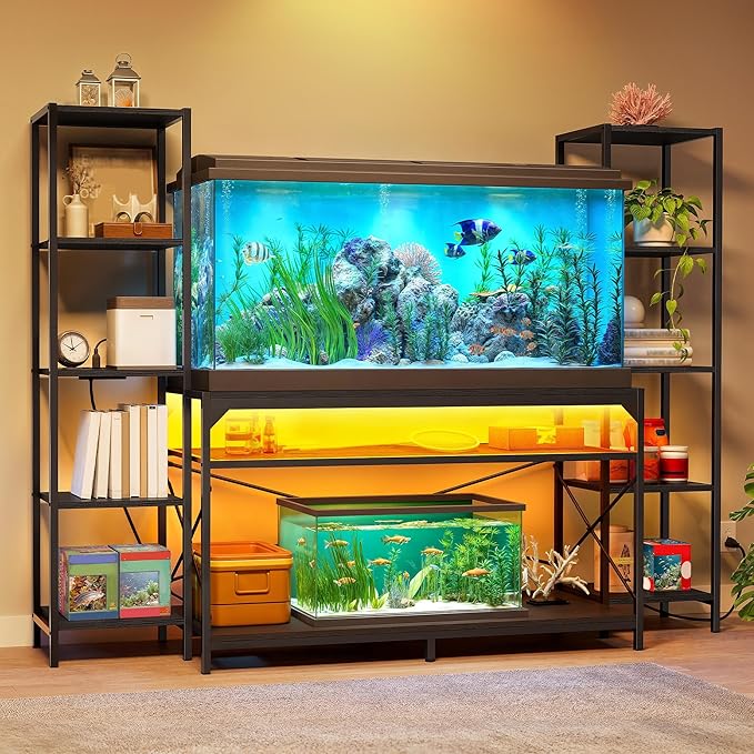 DWVO 55-75 Gallon Aquarium Stand with Power Outlets & LED Light, Display Stand for Turtle Tank, Reptile Terrarium, Heavy Duty Metal Fish Tank Stand Suitable for Living Room, Entryway, 860LBS Capacity DWVO