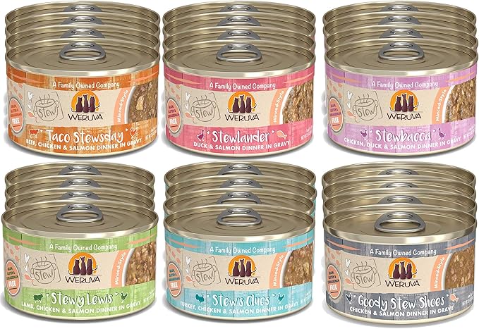 Weruva Classic Cat Stews 6 Flavors Variety Pack, 2.8 Ounce Cans Pack of 24 - PAWPICO