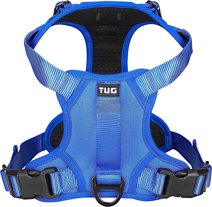 TUG Dog Harness with 2 Leash Connection Points | Adjustable, Padded, Lightweight Harness | Handle on Back | No-Pull Front Clip (Medium, Blue) TUG