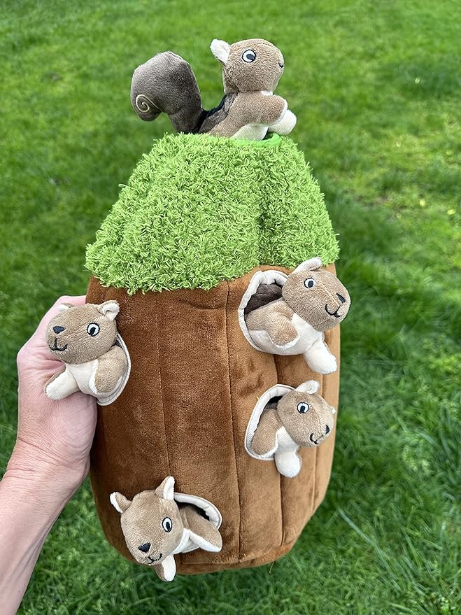 Squirrel in Tree Hide and Seek Dog Toy for Small and Medium Size Dogs, Plush Squirrel Inside Trunk Dog Toy with Squeaker, Interactive Burrow Dog Toy (Tree with Squirrels, Large) - PAWPICO
