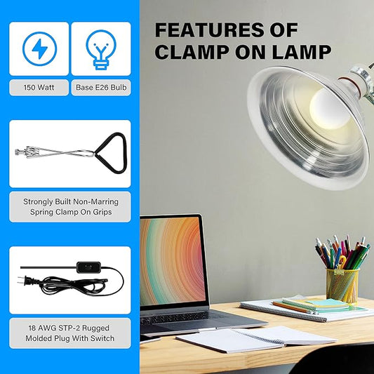Simple Deluxe Adjustable Clamp Lamp with 8.5" Aluminum Reflector and Ceramic Base, 150W E26 Socket (Bulb Not Included), 6ft Power Cord, for Reptile Heat & Work Light, Silver SimpleDeluxe