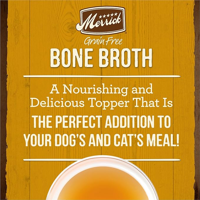 Merrick Grain Free Bone Broth, Premium Human Grade And Gluten Free Dog And Cat Food Topper Pouches, Chicken - 7 oz. Pouch (Pack of 4) - PAWPICO