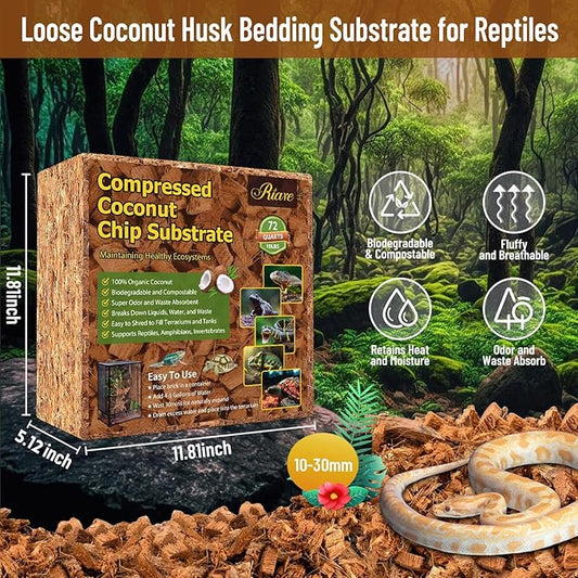 Riare 10LB Coconut Chip Substrate for Reptiles, 72 Quart Coconut Fiber Substrate Coco Chips Substrate Coconut Husk Bedding for Snakes, Tortoises, Ball Python, Bearded Dragon, Geckos, Lizards, Frogs Riare