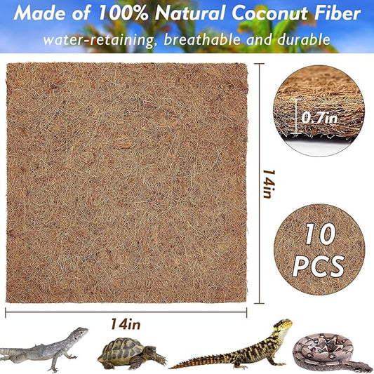 ZeeDix 10 Pieces Coconut Fiber Reptile Substrate Mat, 14 x 14 inches Natural Coco Coir Mat Turtle Bedding Tortoise Carpet Reptile Terrarium Liner for Lizard Snake Turtle Gecko Bearded Dragon ZeeDix