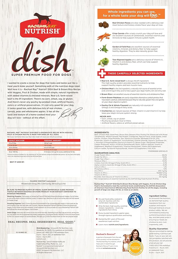 Nutrish Rachael Ray Dish Premium Natural Dry Dog Food, Beef & Brown Rice Recipe with Veggies, Fruit & Chicken, 11.5 Pound Bag - PAWPICO