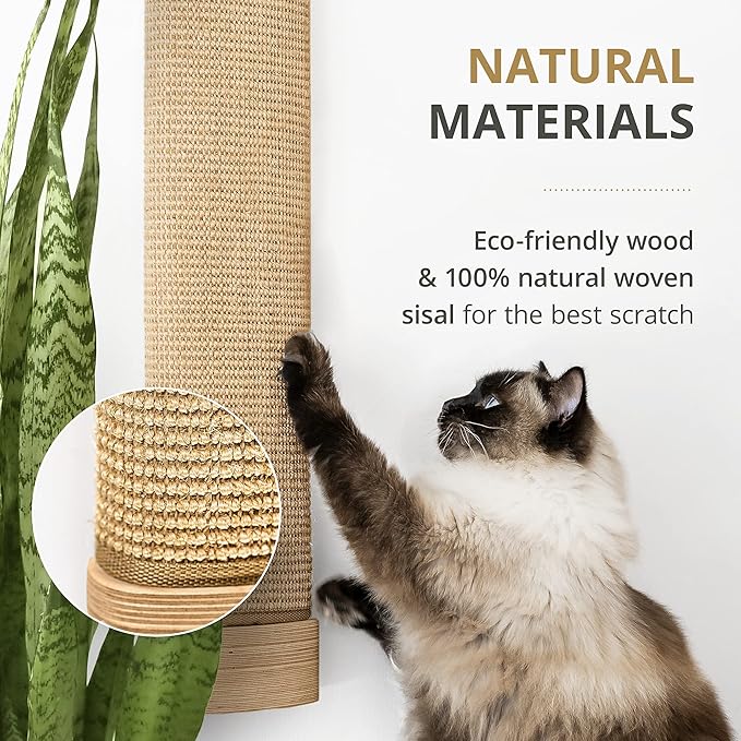 7 Ruby Road Wall Mounted Cat Scratching Post - Wall Mount Wooden Sisal Cat Scratcher & Vertical Scratch Pad (Replaceable) - Modern Cat Wall Furniture for Indoor Cats or Kittens (29.5 x 6 in) - PAWPICO