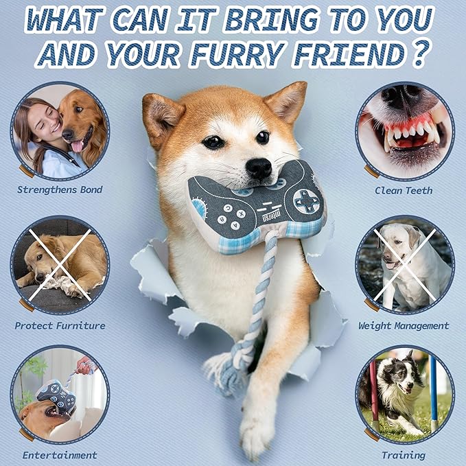 MTERSN Dog Squeaky Toys : Cute Plush Dog Toy with 3 Squeakers and Interactive Dog Rope Toy with Full Crinkle Paper - Funny Game Controller Shaped Pet Toys for Puppy, Small, Medium Dogs (Denim) - PAWPICO