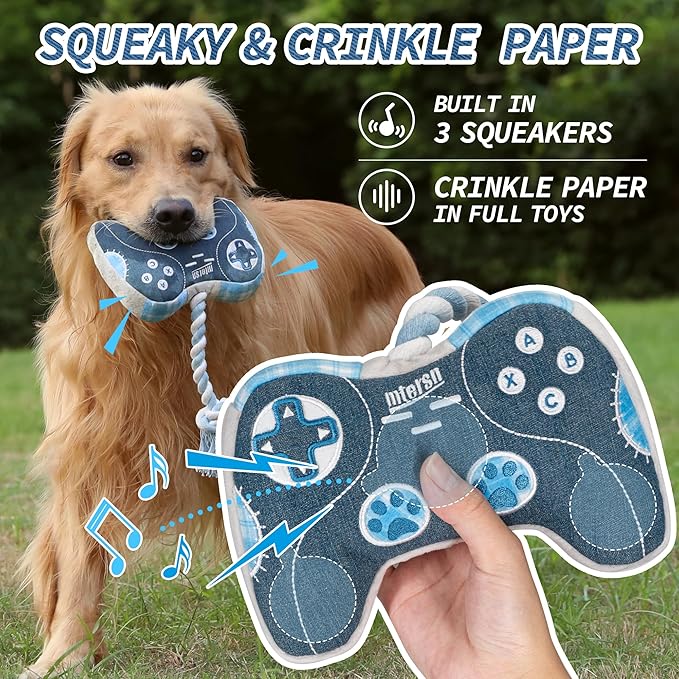 MTERSN Dog Squeaky Toys : Cute Plush Dog Toy with 3 Squeakers and Interactive Dog Rope Toy with Full Crinkle Paper - Funny Game Controller Shaped Pet Toys for Puppy, Small, Medium Dogs (Denim) - PAWPICO