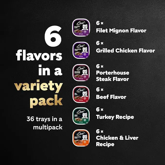 CESAR Adult Wet Dog Food Classic Loaf in Sauce Grilled Chicken, Filet Mignon, Porterhouse Steak, Beef, Chicken & Liver and Turkey Variety Pack, 3.5 oz. Easy Peel Trays, Pack of 36 - PAWPICO