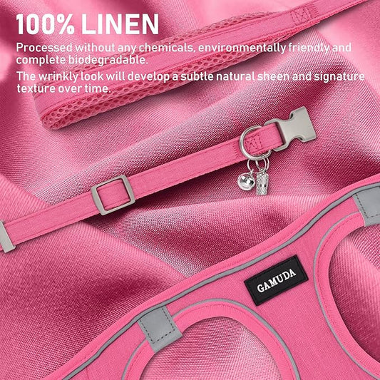 GAMUDA Small Pet Harness Collar and Leash Set, Step in No Chock No Pull Linen Fabric Soft Mesh Dog Vest Harnesses Reflective for Dogs Puppy Cats Kitten Rabbit (Pink, XXS) GAMUDACollarsCollection