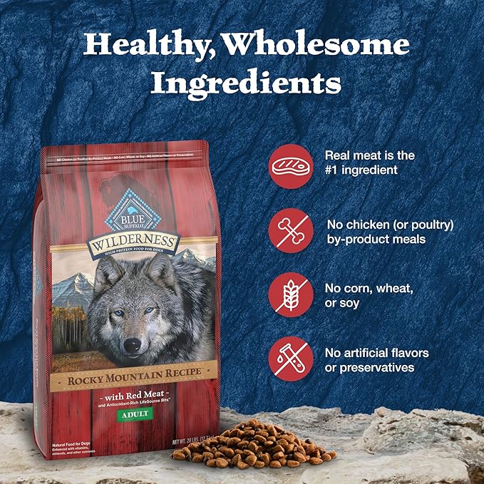 Blue Buffalo Wilderness Rocky Mountain Recipe High-Protein Adult Dry Dog Food, Made in the USA with Natural Ingredients Plus Wholesome Grains, Red Meat, 28-lb. Bag - PAWPICO