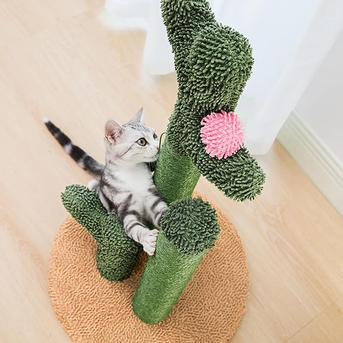 Pesofer Cactus Cat Scratching Post Cat Scratcher with 3 Scratching Poles, Flower Décor and Dangling Ball for Kitten, Adult Cats Large - PAWPICO