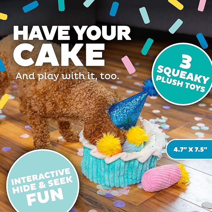Outward Hound Hide A Birthday Cake, Plush Puzzle Birthday Themed Dog Toy - PAWPICO