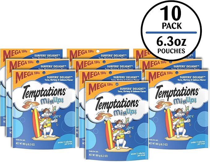 TEMPTATIONS MIXUPS Crunchy and Soft Cat Treats Surfer's Delight Flavor, 6.3 oz. Pouch, Pack of 10 Temptations