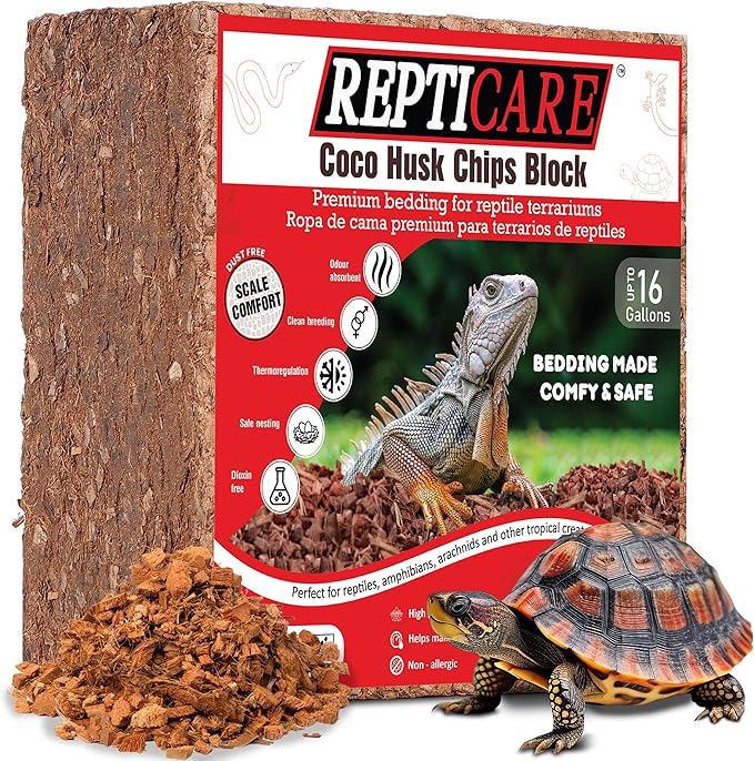 ReptiCare Compressed Coconut Chip Substrate for Reptiles 64 Quart Coco Husk Bedding Block for Ball Pythons, Snakes, Tortoises, Crested Geckos, Frogs, Hermit Crabs or Lizard Terrarium Tanks Gro-Med
