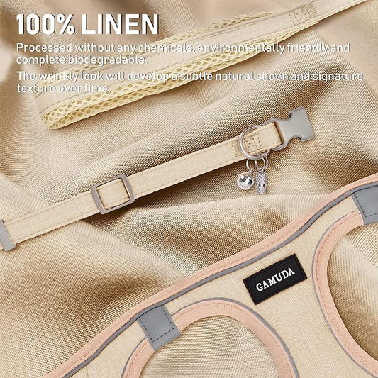 GAMUDA Small Pet Harness Collar and Leash Set, Step in No Chock No Pull Linen Fabric Soft Mesh Dog Vest Harnesses Reflective for Dogs Puppy Cats Kitten Rabbit (Khaki, L) GAMUDACollarsCollection