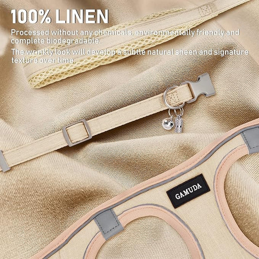 GAMUDA Small Pet Harness Collar and Leash Set, Step in No Chock No Pull Linen Fabric Soft Mesh Dog Vest Harnesses Reflective for Dogs Puppy Cats Kitten Rabbit (Khaki, M) GAMUDACollarsCollection