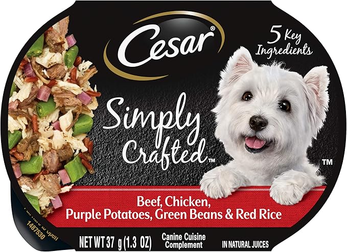 CESAR SIMPLY CRAFTED Adult Soft Wet Dog Food Meal Topper Beef, Chicken, Purple Potatoes, Green Beans & Red Rice, 1.3 oz. Tubs, (Pack of 10) - PAWPICO