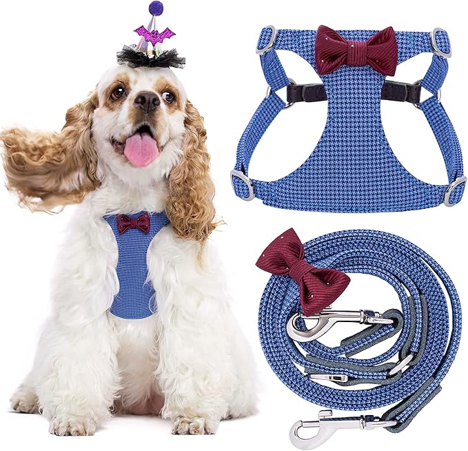 Puppytie No Pull Dog Harness with Multifunction Dog Leash,Soft Adjustable No Choke Escape Proof Pet Harness Vest for Medium Dogs,Plaid Blue,M Puppytie