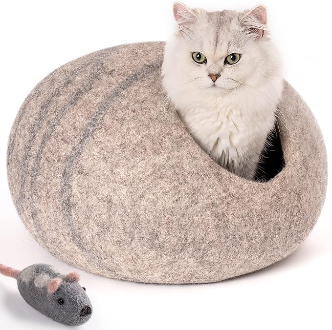 Cat Cave Bed -Handmade Wool Cat Bed Cave,Cat Bed Cat House, Felt Cat Caves for Indoor Cats and Kittens (Grey/White) - PAWPICO