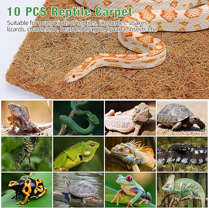 ZeeDix 10 Pieces Reptile Carpet- 12 x 12 inches Natural Coconut Fiber Pet Mat Tortoise Carpet Mat Coco Fiber Substrate Liner Pet Terrarium Liner for Lizard Turtle Snake Gecko Bearded Dragon ZeeDix