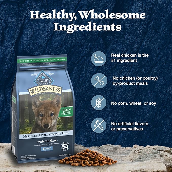 Blue Buffalo Wilderness Puppy High-Protein Dry Dog Food with Real Chicken, Grain-Free, Made in the USA with Natural Ingredients, Chicken, 4.5-lb Bag - PAWPICO