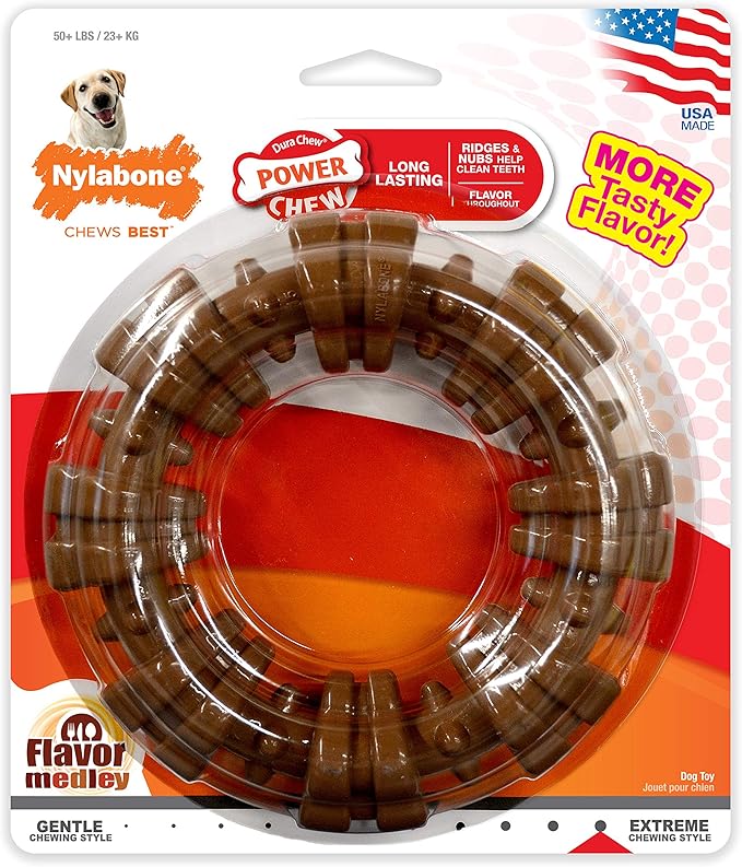 Nylabone Power Chew Textured Dog Chew Ring Toy, Dog Toys for Aggressive Chewers, Flavor Medley, X-Large/Souper (1 Count) - PAWPICO