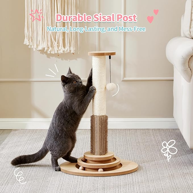 Made4Pets Cat Scratching Post, 23" Tall Sisal Cat Scratcher Post with Cat Self Groomer, 4-in-1 Interactive Trackball Toys with Cat Hair Brush, Vertical Cat Climbing Tree with Dangling Plush Balls - PAWPICO