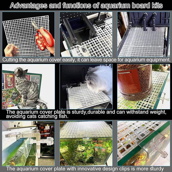 4 Aquarium lid Hood Fish Tank top Cover Terrarium lid Plastic Grid Panel Egg Crate Grate 6 Aquarium Glass Cover Board Clip Weramics